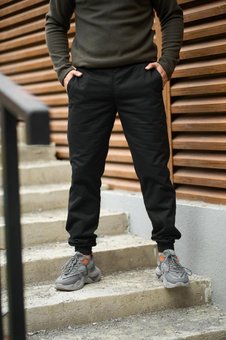 Мужские штани на флисе джоггеры черные утепленные на манжетах, Черный, 3XL