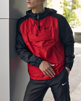 Вітровка чоловіча Анорак спортивна куртка чорна з червоним плащівка з капюшоном House, Червоний, XL