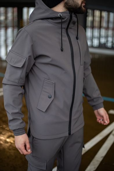 Куртка мужская демисезонная серая с капюшоном Softshell удлиненная, Серый, 3XL