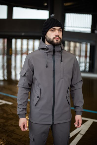 Куртка чоловіча демісезонна сіра з капюшоном Softshell подовжена, Сірий, 3XL