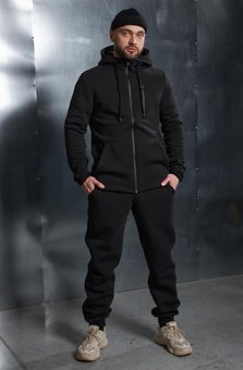 Спортивный костюм зимний мужской черный утепленный на флисе кофта с капюшоном и штаны, Черный, 2XL