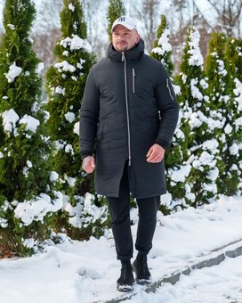 Парка мужская удлиненная черная зимняя куртка с глубоким капюшоном теплая, Черный, XL