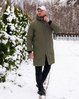 Парка мужская удлиненная хаки зимняя куртка с глубоким капюшоном теплая, Хаки, XL