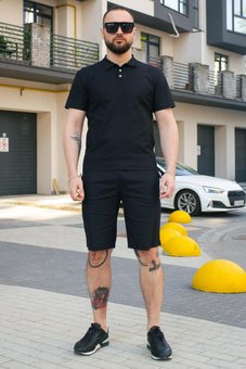 Літній комплект лляний чоловічий чорний футболка Поло шорти льон, Черный, 3XL