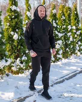 Спортивный костюм на флисе мужской черный с кантом зимний утепленный трехнитка на флисе толстовка штаны, Черный, XL