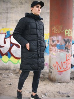Зимняя куртка Парка мужская удлиненная черная со съемным капюшоном Холлофайбер, Черный, XL