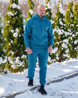Спортивный костюм на флисе мужской бирюзовый с кантом зимний утепленный трехнитка на флисе толстовка штаны, Бирюзовый, XL