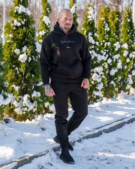Спортивный костюм на флисе мужской черный зимний утепленный трехнитка на флисе толстовка штаны, Черный, XL