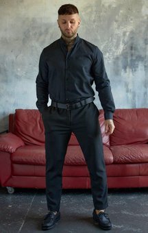 Мужской комплект классическая рубашка черная брюки черные приталенные, Черный, XL