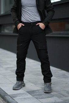 Теплые мужские штаны карго черные на флисе с карманами Conqueror, Черный, 3XL