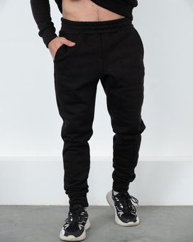 Штани спортивні чоловічі на флісі чорні утеплені щільна тринитка, Черный, 2XL