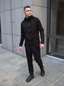 Спортивный костюм замшевый мужской черный весна-осень кофта с капюшоном, Черный, XL