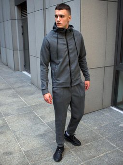 Спортивный костюм замшевый мужской серый весна-осень кофта с капюшоном, Тёмно-серый, XL