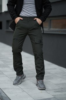 Теплые мужские штаны карго хаки на флисе с карманами Conqueror, Хаки, 3XL