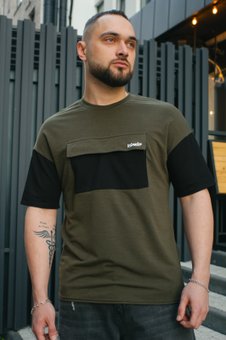 Чоловіча стильна футболка оверсайз з кишені FreeDom хакі з чорними, Хаки, 2XL-3XL