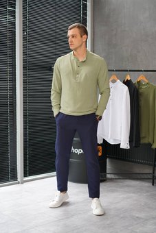 Стильный мужской комплект приталенная оливковая рубашка брюки синие зауженные, Оливковый, 2XL