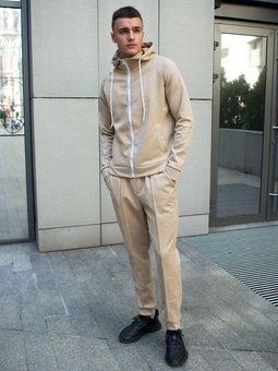 Спортивный костюм замшевый мужской бежевый весна-осень кофта с капюшоном, Бежевый, XL