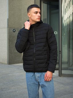 Куртка мужская стеганная черная короткая с капюшоном весна осень ветровка плащевка, Черный, XL