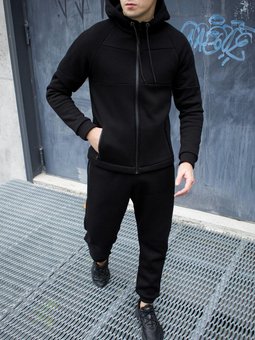 Спортивный костюм на флисе мужской утепленный черный зимний кофта с капюшоном, Черный, XL