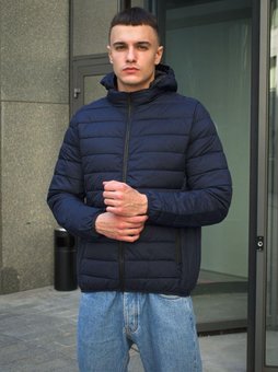 Куртка мужская стеганная синяя короткая с капюшоном весна осень ветровка плащевка, Синий, XL