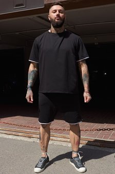Мужской летний комплект оверсайз черный футболка и шорты хлопок, XL