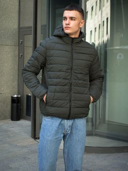 Куртка чоловіча стьобана хакі коротка з капюшоном весна осінь вітровка плащівка, Хаки, XL