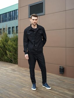 Вельветовый костюм мужской черный пиджак и штаны хлопок, Черный, XL
