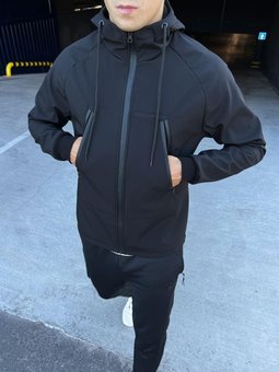 Куртка мужская демисезонная с капюшоном черная весна-осень Softshell микрофлис, Черный, XL