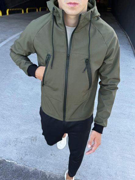 Куртка чоловіча демісезонна з капюшоном хакі весна-осінь Softshell мікрофліс, Хаки, XL
