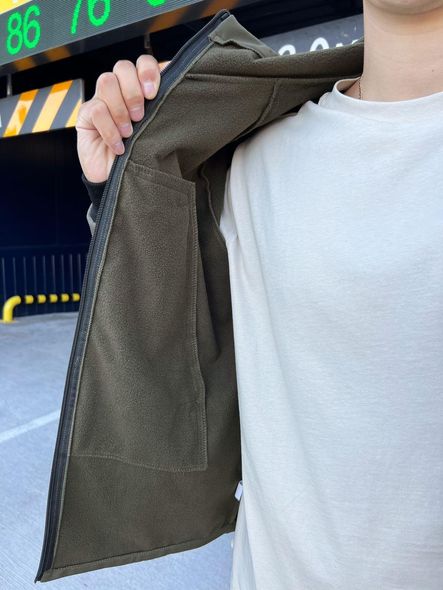 Куртка мужская демисезонная с капюшоном хаки весна-осень Softshell микрофлис, Хаки, S
