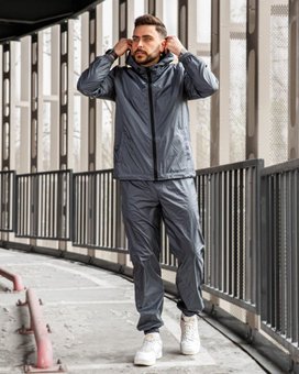Спортивный костюм плащевка графит мужской кофта и штаны на манжетах с капюшоном, Графит, XL