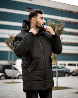 Куртка зимняя мужская черная парка с глубоким капюшоном, Черный, XL
