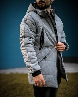 Куртка зимняя мужская серая парка с глубоким капюшоном, Серый, XL