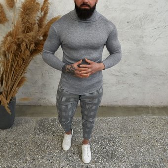 Мужской комплект теплый серые штаны в клетку и серый гольф стильный зимний костюм Турция, Серый, XL