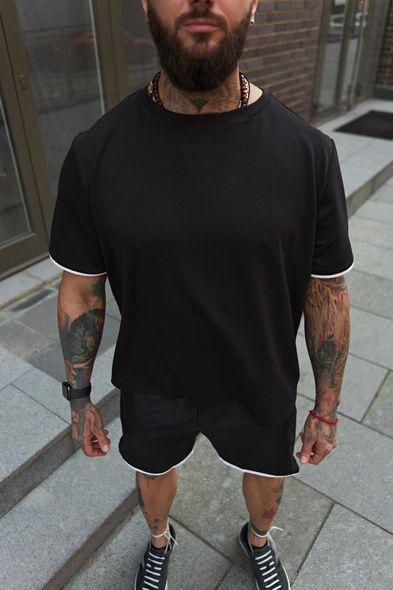 Чоловічий комплект чорна футболка чорні шорти з кантом, XL