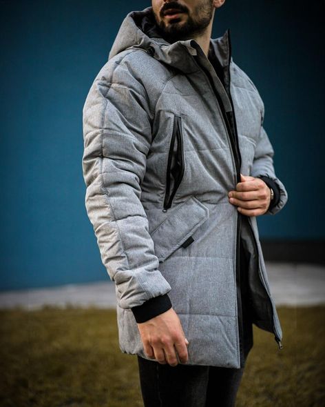 Куртка зимова чоловіча сіра парка з глибоким капюшоном, серый, S