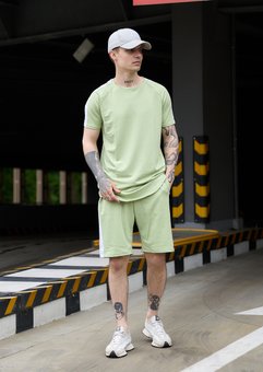 Мужской летний комплект мятный Ломпас футболка + шорты с лампасом хлопок, Мятный, XL