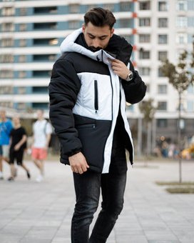 Куртка зимняя мужская Парка черная с белым с глубоким капюшоном теплый пуховик, Черный, XL