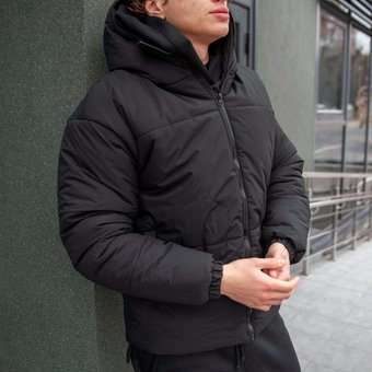 Зимняя куртка мужская пуховик черный теплый с капюшоном био пух, Черный, XL