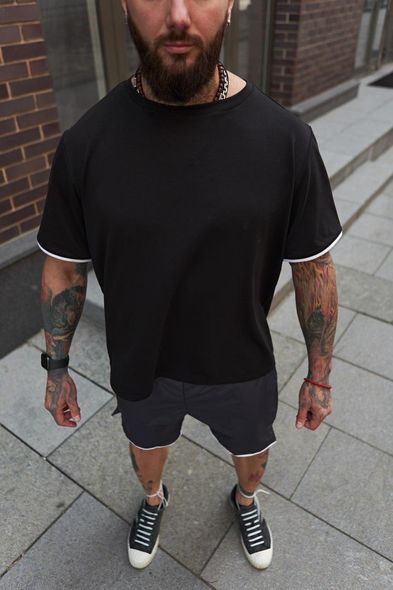 Чоловічий комплект чорна футболка темно-сині шорти з кантом, XL
