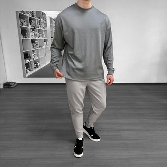 Комплект мужской серая кофта оверсайз в рубчик серые штаны зауженные, Серый, XL
