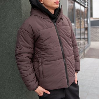 Зимняя куртка мужская пуховик коричневый теплый с капюшоном био пух, Коричневый, XL