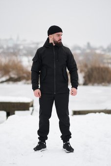 Зимний костюм на флисе с капюшоном мужской черный куртка штаны SoftShell осень-зима водонепроницаемый, Черный, 3XL