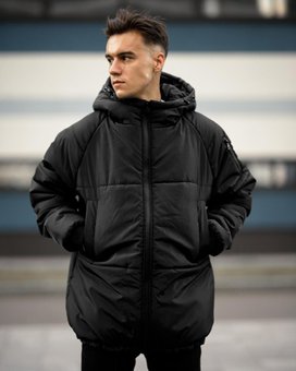 Куртка зимняя мужская Парка черная с глубоким капюшоном теплый пуховик, Черный, XL
