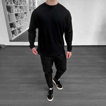 Комплект мужской черная кофта оверсайз в рубчик черные штаны зауженные, Черный, XL
