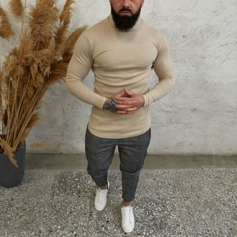 Мужской комплект теплый серые штаны в клетку и бежевый гольф стильный зимний костюм Турция, Бежевый, XL