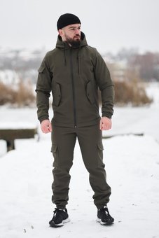 Зимний костюм на флисе с капюшоном мужской хаки куртка штаны SoftShell осень-зима водонепроницаемый, Хаки, 3XL