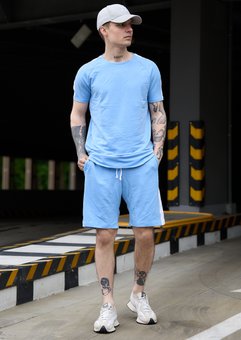 Мужской летний комплект голубой Лампас футболка + шорты с лампасом хлопок, Голубой, XL