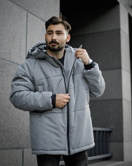 Куртка зимняя мужская Парка серая с глубоким капюшоном теплый пуховик, Серый, XL