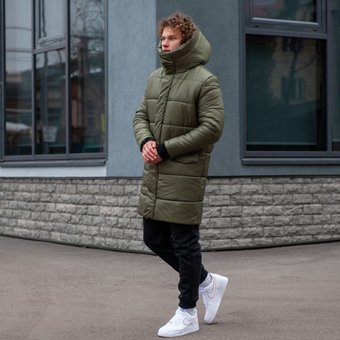 Зимняя куртка Парка мужская удлиненная хаки с глубоким капюшоном, Хаки, XL